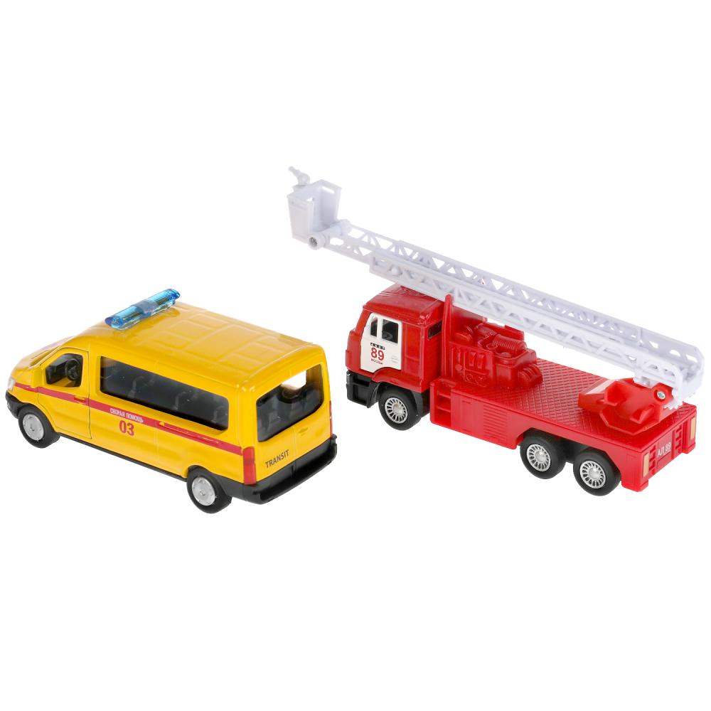 Машина металл СПЕЦТЕХНИКА СКОРАЯ 12 см+пожарная 12 см, открыв. двери, инерц. Технопарк в кор.2*12шт