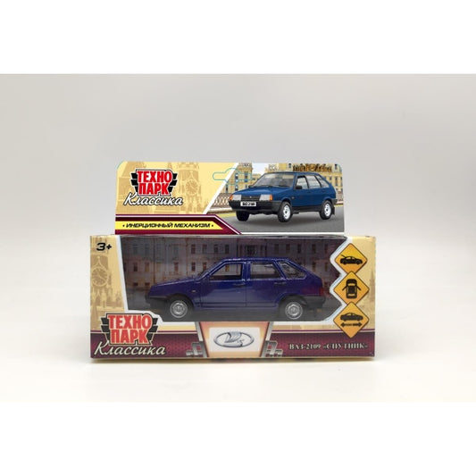 Машина металл Ваз-2109 "СПУТНИК" 12 см, двери, багажник, инер,темно-синий, кор. Технопарк в кор.2*36шт