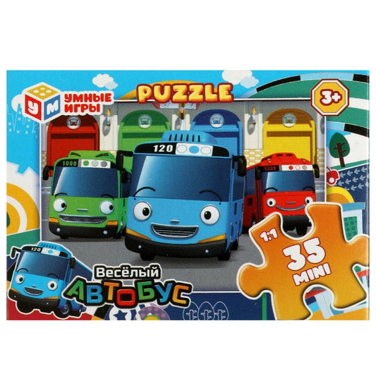 Весёлый автобус. Пазлы в коробке 35 деталей. MINI. 90х65х25 мм. Умные игры в уп.32шт в кор.8уп