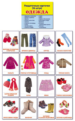 Демонстрационные картинки " Одежда".16 раздаточных карточек с текстом