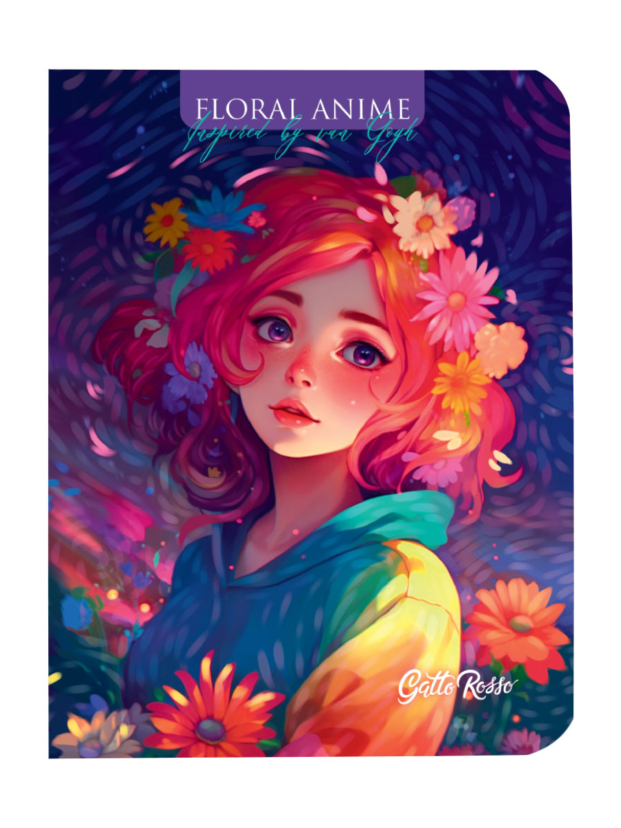 Gatto Rosso. Блокнот в клетку Floral anime. ФИОЛЕТОВЫЙ