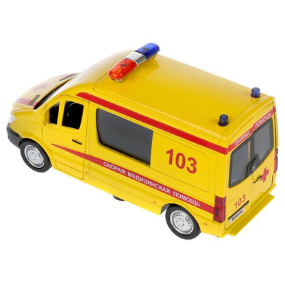 Машина "mercedes-benz sprinter реанимация" 14см, открыв. двери, инерц. в кор. Технопарк в кор.2*32шт