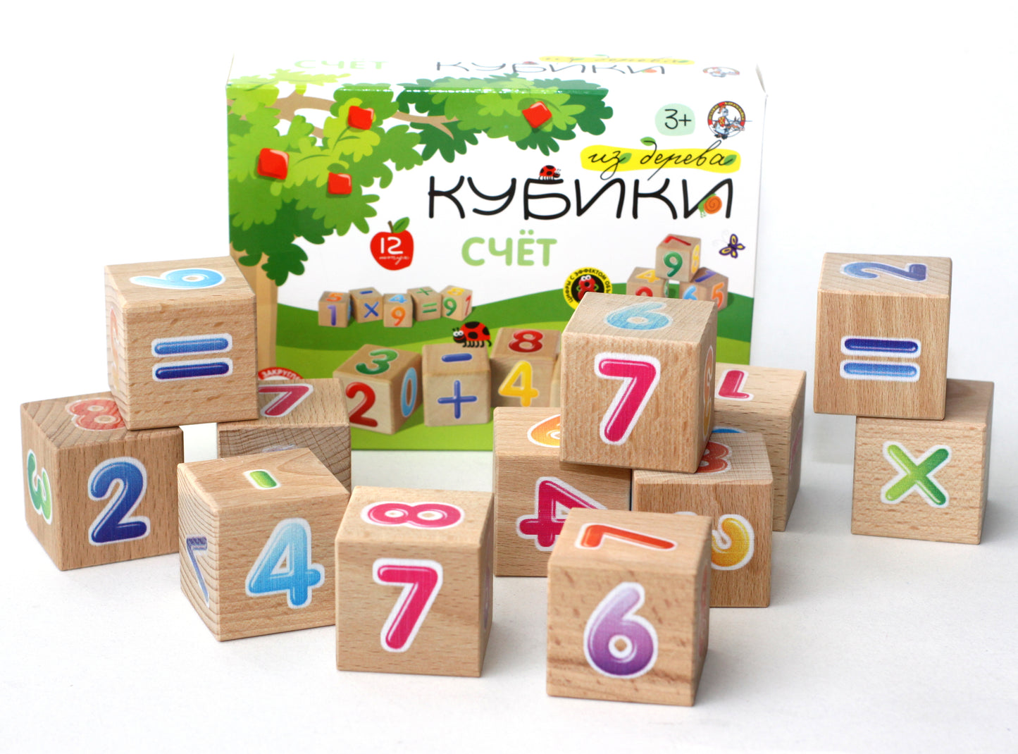Кубики деревянные "Счет" 12 шт (Цв.цифры с эффектом объема на неокр. кубиках)