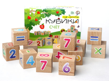 Кубики деревянные "Счет" 12 шт (Цв.цифры с эффектом объема на неокр. кубиках)