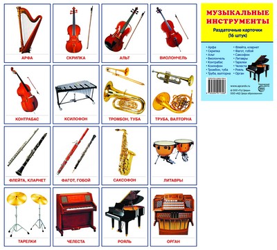 Демонстрационные картинки СУПЕР Музыкальные инструменты.16 раздаточных карточек с текстом. (Сфера ка