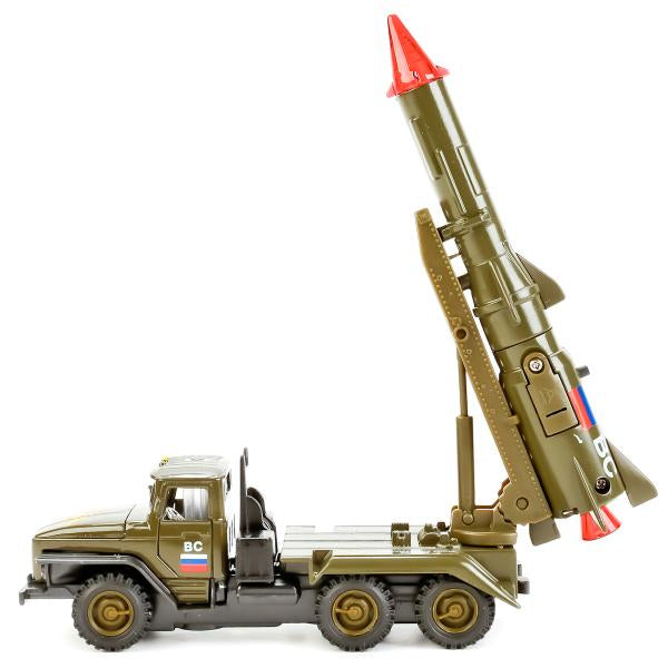 Машина металл УРАЛ против с ракетой 15 см, дв., капот, подв. дет., инерц., кор. Технопарк в кор.2*24шт
