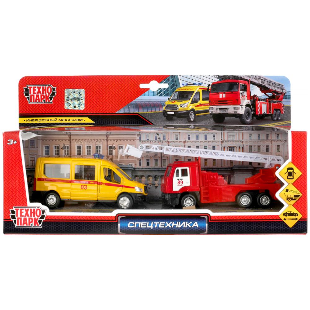 Машина металл СПЕЦТЕХНИКА СКОРАЯ 12 см+пожарная 12 см, открыв. двери, инерц. Технопарк в кор.2*12шт