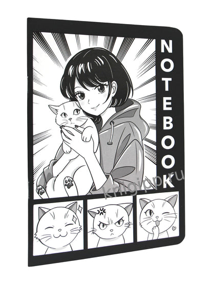 MyArt. БЛОКНОТ в клетку Аниме Монохром. Девочка с котиком