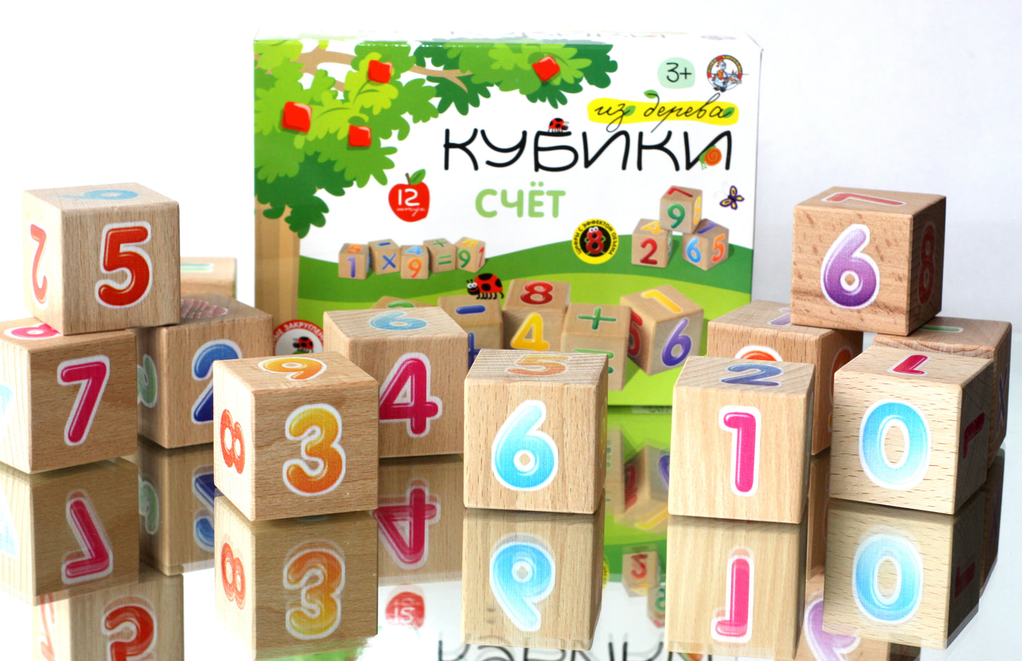Кубики деревянные "Счет" 12 шт (Цв.цифры с эффектом объема на неокр. кубиках)