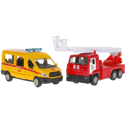 Машина металл СПЕЦТЕХНИКА СКОРАЯ 12 см+пожарная 12 см, открыв. двери, инерц. Технопарк в кор.2*12шт