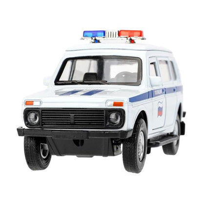 Machine en métal pour véhicule LADA 4x4 2131 ПОЛИЦИЯ 12,8 см, двер, баг, инр, кор.. Технопарк в кор.2*36шт