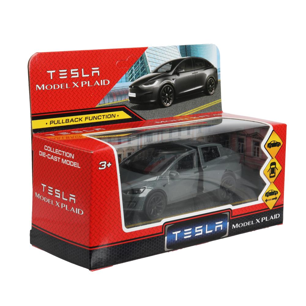 Машина металл tesla model x plaid 12 см, двери, серебр, кор. Технопарк в кор.2*36шт