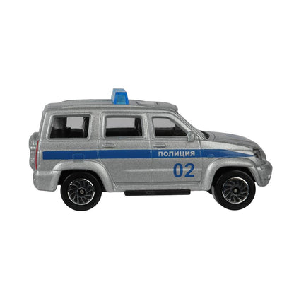 Машина металл UAZ ПАТРИОТ 7,5 см и ПОЛИЦЕЙСКИЙ УЧАСТОК 10 см, ассортимент Технопарк в кор.2*24шт