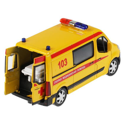 Машина металл RENAULT MASTER РЕАНИМАЦИЯ 14 см, двери, носики, инерц, кор. Технопарк в кор.2*32шт