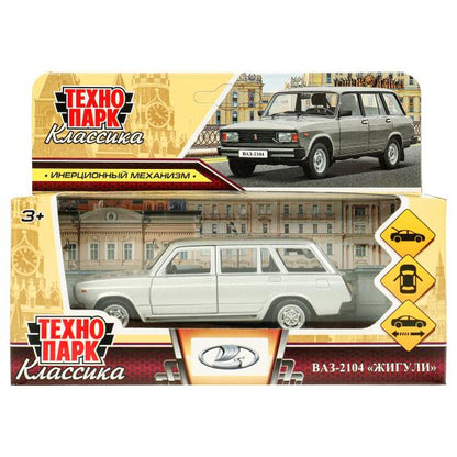 Машина металл ВАЗ-2104 ЖИГУЛИ 12 см, двери, багажник, инерц, серебристая, кор. Технопарк в кор.2*36шт