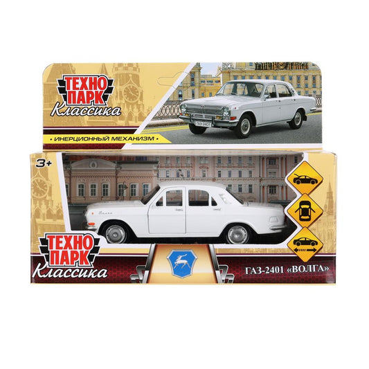 Машина металл ГАЗ-2401 ВОЛГА длина 12 см, двери, багажник, инерц, белый, кор. Технопарк в кор.2*36шт