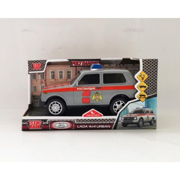 Машина пластик свет-звук LADA 4x4 URBAN РОСГВАРДИЯ 19,5 см, 2 кноп, ин, кор. Технопарк в кор.36шт