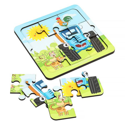 Игрушка деревянная пазл 15*15 см. СИНИЙ ТРАКТОР терм. пакет Буратино в кор.20шт