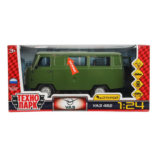 Машина металл свет-звук УАЗ УАЗ 452, 18,5 см, св-зв, дв люк, баг, ин, зеленый Технопарк в кор.2*18шт