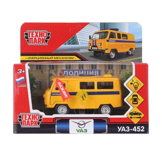 Машина металл свет-звук Уаз-452 "буханка" МИЛИЦИЯ 10,5 см,,желтый, кор. Технопарк в кор.2*36шт