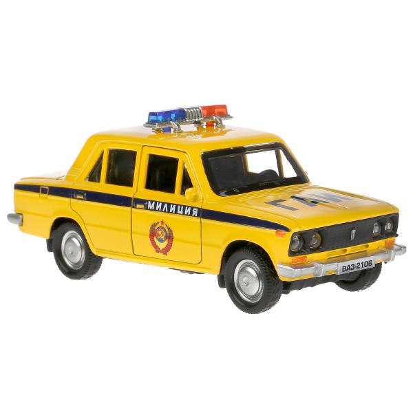 Machine en métal noir "ваз-2106 жигули милиция" 12 cm, инерц., желтый в кор. Parc technologique dans le cor.2*36шт