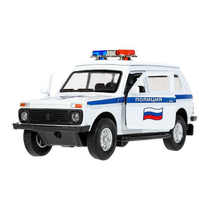 Machine en métal pour véhicule LADA 4x4 2131 ПОЛИЦИЯ 12,8 см, двер, баг, инр, кор.. Технопарк в кор.2*36шт