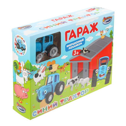 Модель пластик СИНИЙ ТРАКТОР ГАРАЖ с коровой и овцой ИГРАЕМ ВМЕСТЕ в кор.2*48шт