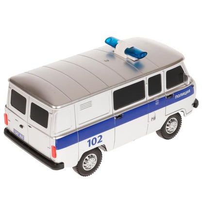 Машина р/у УАЗ 452 ПОЛИЦИЯ, 18 см, свет, сереб, кор. Технопарк в кор.2*24шт