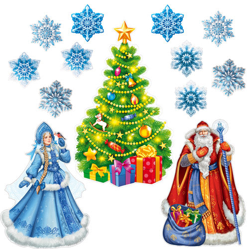 *КБ-17708 Комплект для оформления интерьера со скотчем. Праздник к нам приходит! (плакат А2, 2 плаката А3 и 5 видов снежинок по 2 шт.)