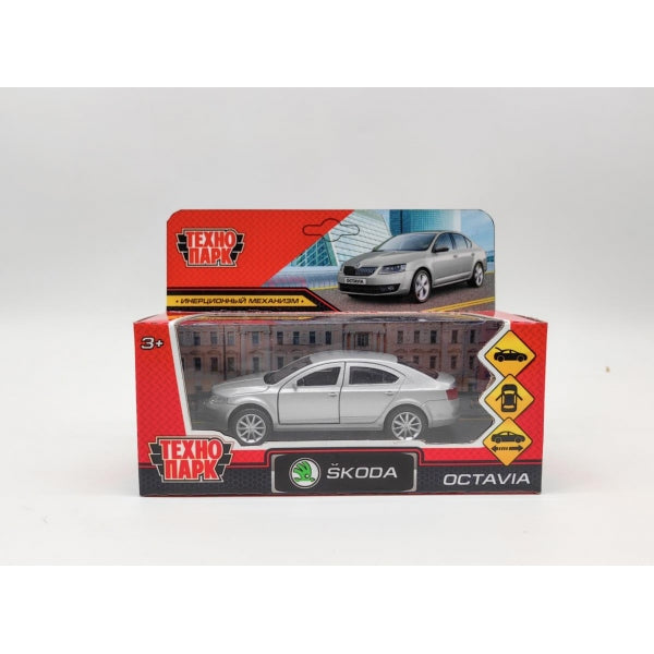 Машина металл SKODA OCTAVIA 12 см, двери, багаж, инерц. серебристый кор. Технопарк в кор.2*36шт