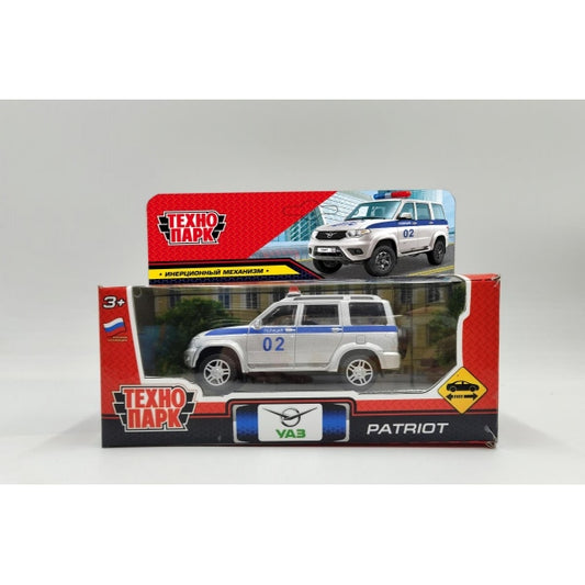 Машина металл UAZ patriot ПОЛИЦИЯ 10,5 см, инерц, серебристый, кор. Технопарк в кор.2*36шт