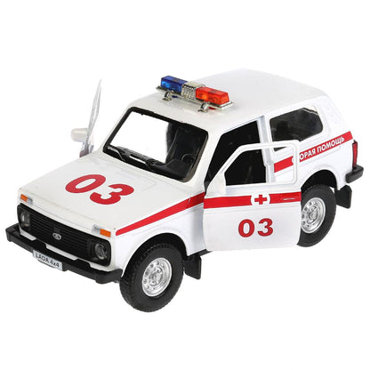 Машина металл свет-звук "LADA 4x4 СКОРАЯ" 12см, открывающаяся. двери, инерц. в кор. Технопарк в кор.2*36шт