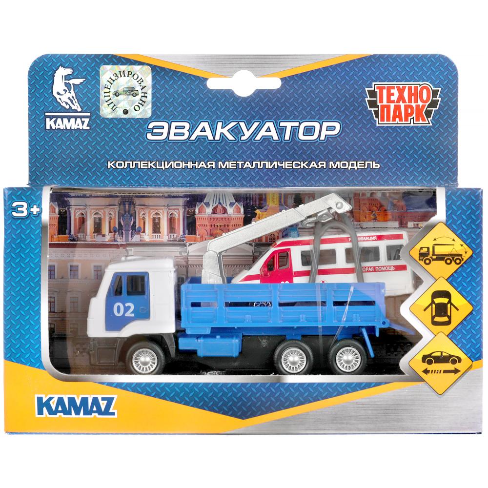 Машина металл KAMAZ ЭВАКУАТОР, 12 см, дв., подв.дет., инерц.+скорая 7,5 см Технопарк в кор.2*24шт