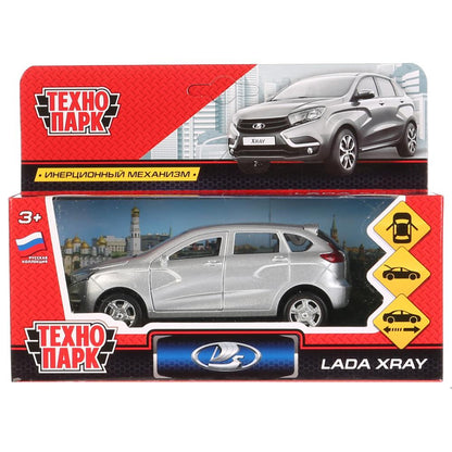 Машина металл LADA XRAY длина 12 см, двери, багажник, инерц, серебристый, кор. Технопарк в кор.2*36шт