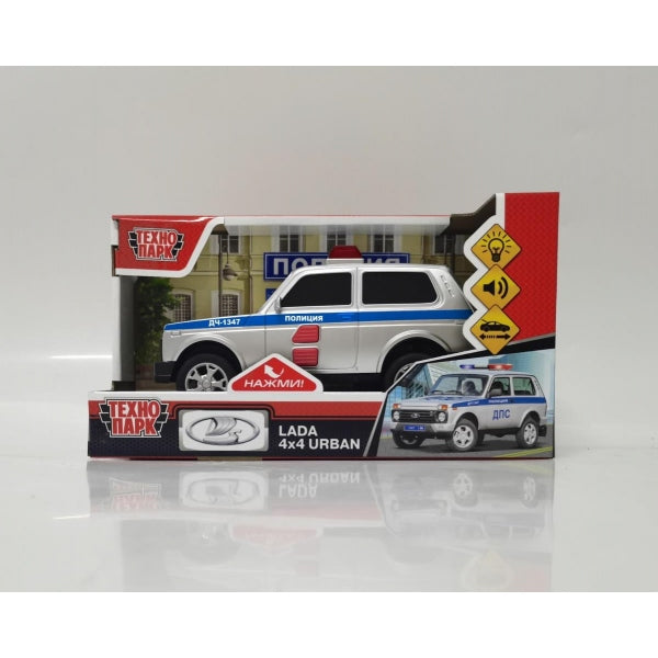 Машина пластик свет-звук LADA 4x4 ГОРОДСКАЯ ПОЛИЦИЯ 19,5 см, 2 кнопки, инер, кор. Технопарк в кор.36шт