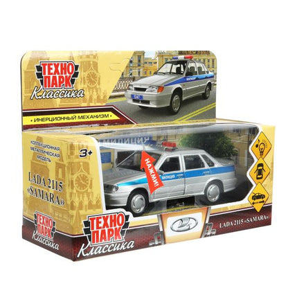 Машина металл свет-звук ваз-2115 самара ПОЛИЦИЯ 12 см, двери, багажник, кор. Технопарк в кор.2*36шт