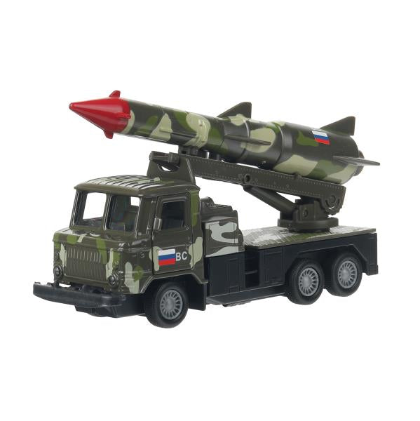МАШИНА "ТЕХНОПАРК"МЕТАЛЛ. ИНЕРЦ. ГАЗ 66 С РАКЕТОЙ, 12СМ ЗЕЛ. КАМУФ.,ОТКРЫВ. ДВЕРИ В КОР в кор.2*24шт