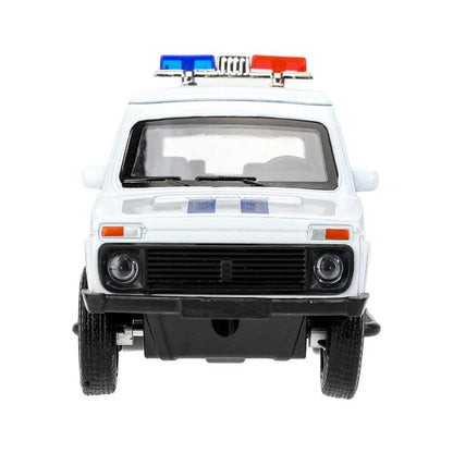 Machine en métal pour véhicule LADA 4x4 2131 ПОЛИЦИЯ 12,8 см, двер, баг, инр, кор.. Технопарк в кор.2*36шт