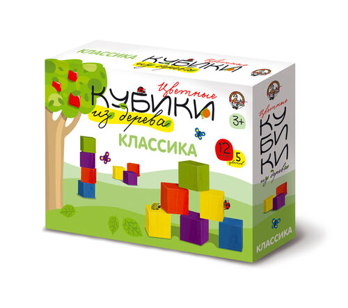Деревянные кубики "Классика" (Набор классических цветных деревянных кубиков. 12 штук, 5 цветов.)