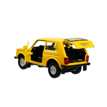 Machine en métal LADA 4x4 12 cm, double, bagage, inerce, jaune, cor. Parc technologique dans le cor.2*36шт