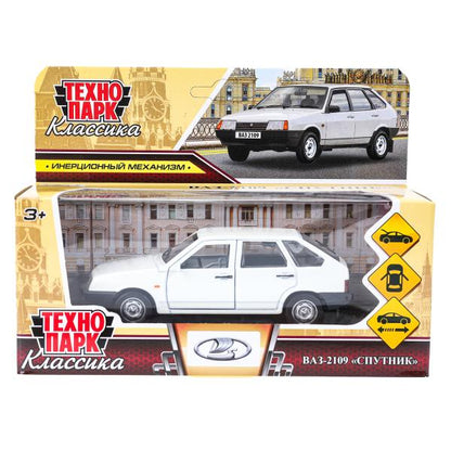 Машина металл Ваз-2109 "СПУТНИК" 12 см, двери, багажник, инер,белый, кор. Технопарк в кор.2*36шт