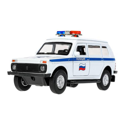 Machine en métal pour véhicule LADA 4x4 2131 ПОЛИЦИЯ 12,8 см, двер, баг, инр, кор.. Технопарк в кор.2*36шт
