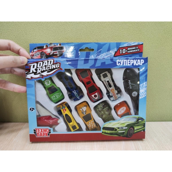 Технопарк. Набор металлической техники "Road Racing Суперкар" 7,5 см, 10 шт, в ассортименте, арт.RR-SET-0064870-R