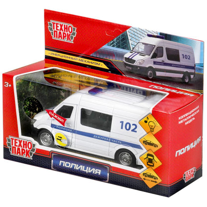 Машина металл свет-звук ПОЛИЦИЯ 14,5 см, двери, багаж, инерц, бел, кор. ТЕХНОПАРК в кор.2*36шт