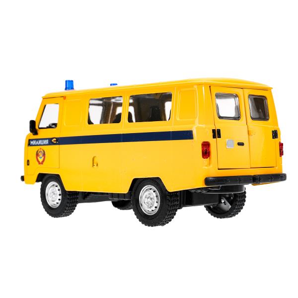 Машина металл свет-звук UAZ УАЗ 452 МИЛИЦИЯ,18,5 см,св-зв,дв,люк,баг,ин,желт Технопарк в кор.2*18шт