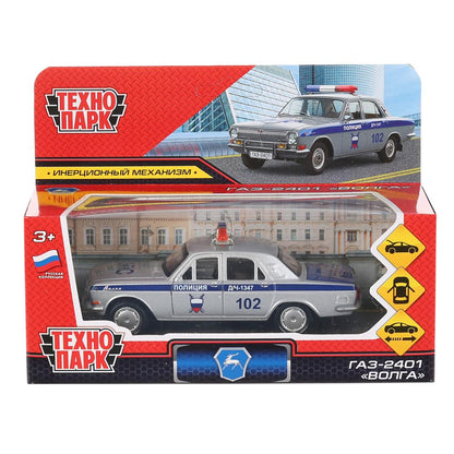Машина металл ГАЗ-2401 ВОЛГА ПОЛИЦИЯ 12 см, двери, багаж, серебристый, кор. Технопарк в кор.2*36шт