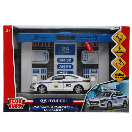 Игрушка пластик свет-звук АВТОЗАПРАВОЧНАЯ СТАНЦИЯ 21 см, С МАШИНКОЙ, кор. Технопарк в кор.2*24шт