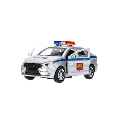 Машина металл свет-звук LADA vesta ПОЛИЦИЯ 11,5 см, двер, багаж, кор. Технопарк в кор.2*36шт
