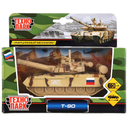 Машина металл танк T-90 размер 12см, инерц.механизм., подвиж. дет., в кор. Технопарк в кор.2*24шт