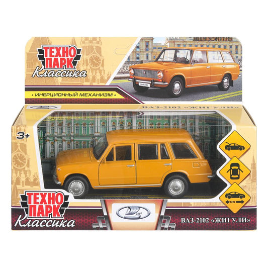 Машина металл ваз-2102 12 см, двери, багаж, инер, желтый, кор. Технопарк в кор.2*36шт